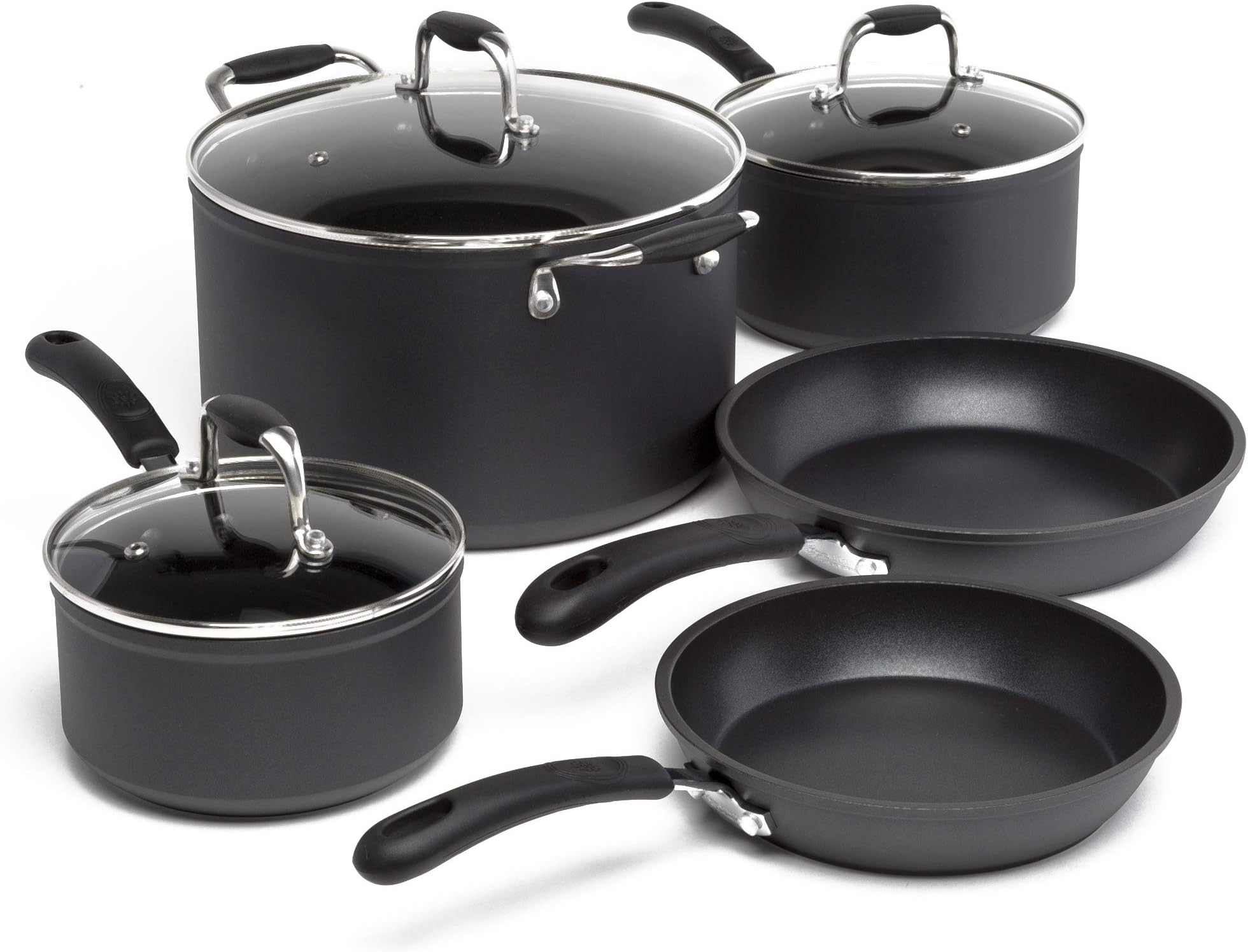 EcolutionSymphony Multipurpose Forged and Stainless Steel Pots and Pans Set, Reinforced Ergonomic Cool-Touch Handles, Dishwasher Safe, Nonstick, Black, 8 Piece, Slate