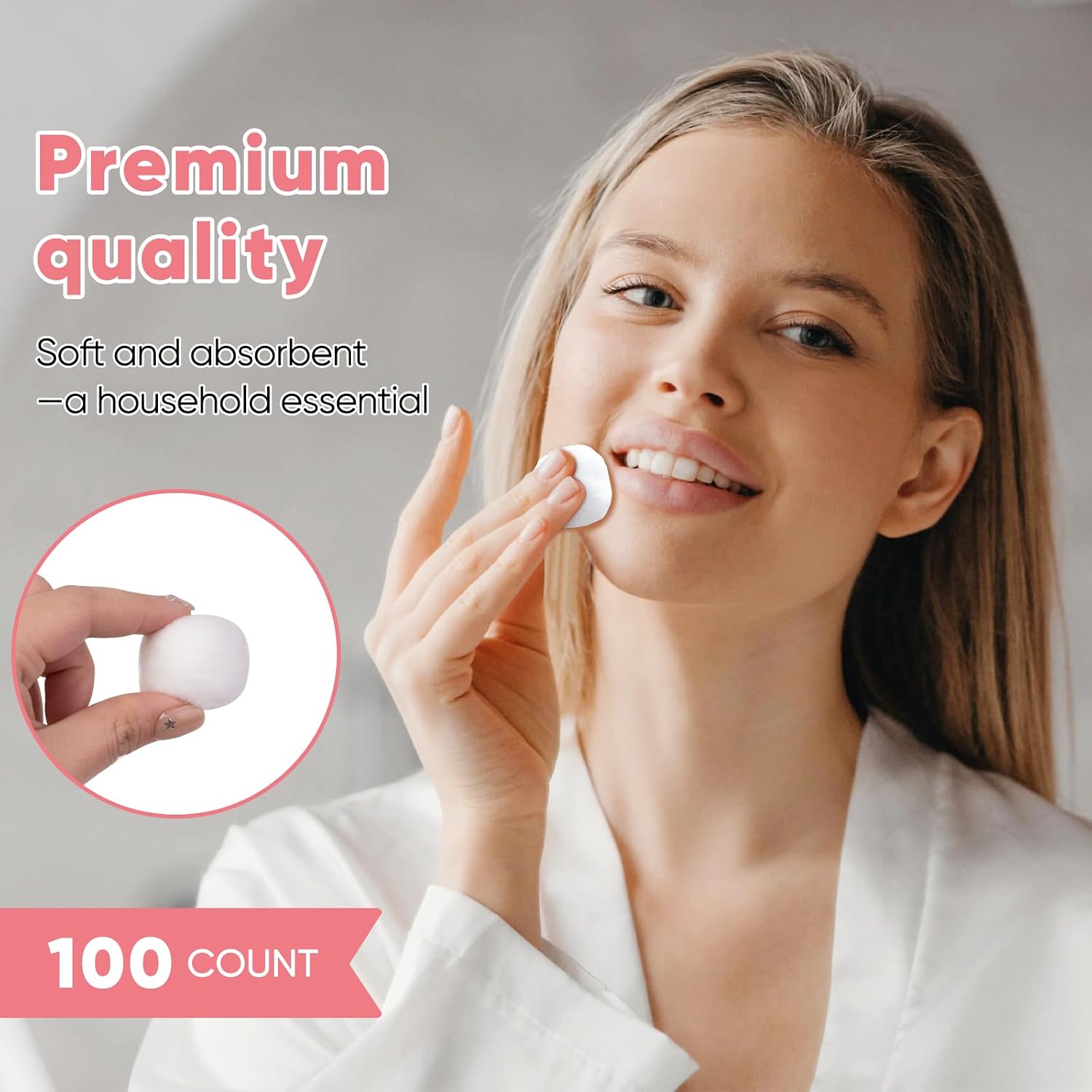 Icotle 100% Pure Cotton Balls, Large Size, Soft and Absorbent for Make-Up, Nail Polish Removal, Pet Care, Applying Lotion or Powder and First-Aid for Everyday Household Use, 100 Count
