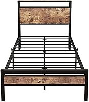 Vista 9 de BOFENG Base de cama individual con cabecera de almacenamiento/estación de carga USB, marco de cama de plataforma de metal resistente, tamaño Marrón