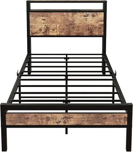 Miniatura 9 de BOFENG Base de cama individual con cabecera de almacenamiento/estación de carga USB, marco de cama de plataforma de metal resistente, tamaño Marrón