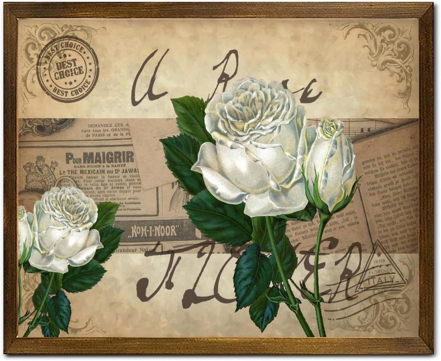 Vintage French Rose Flower Framed Wood Sign Retro Newspaper Music Note Wall Sign Vintage Hello Spring Flower Wall Art Home Decor for Home Room Office Garden Kitchen 16x20 Inch