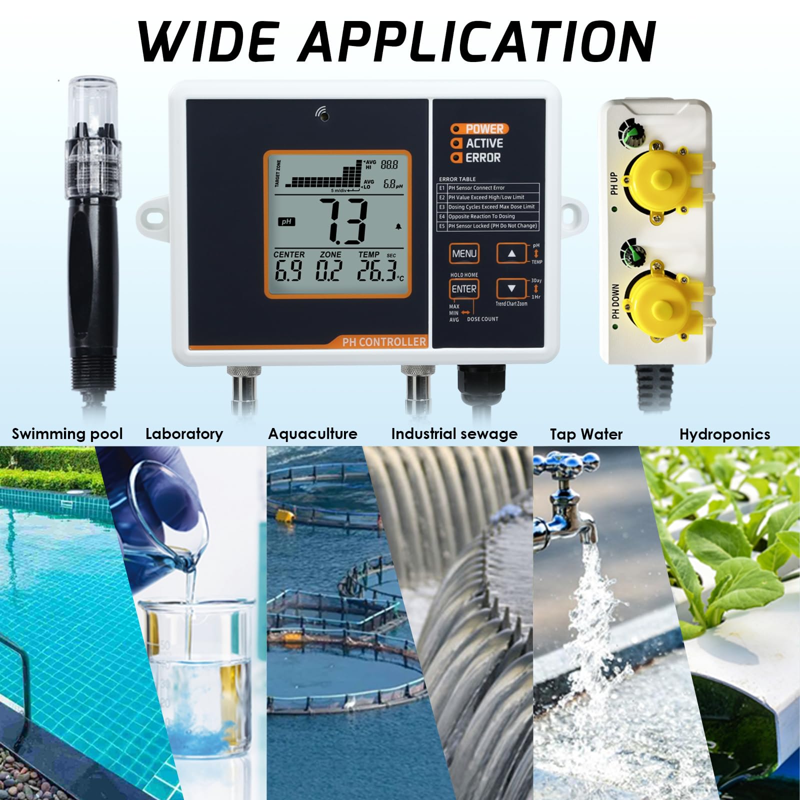 Controlador de pH de relé dual con bomba dosificadora, Monitoreo de alarma de rango alto/bajo y registro de datos para sistema Hidropónico, Cultivo de plantas de invernadero, Acuario, Acuicultura