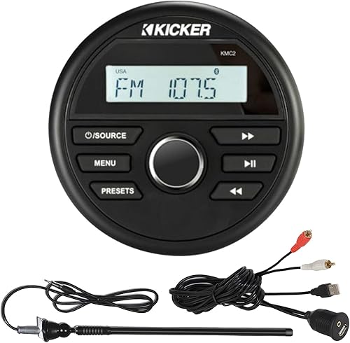 Kicker KMC2 Marine Gauge Style AM/FM Radio Receptor estéreo Media Player Bundle Combo con Enrock USB/AUX a RCA Interfaz Mount Cable, 45" Radio