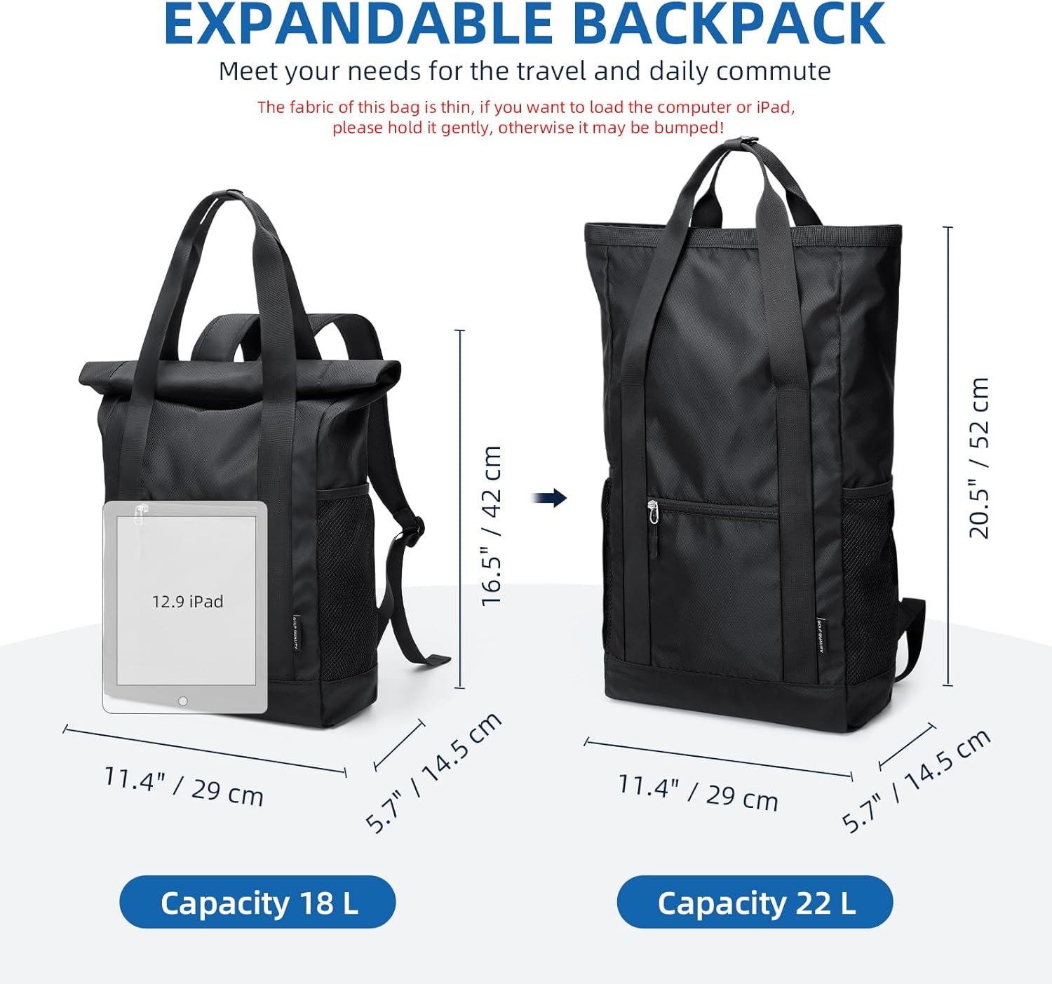 Foldable Convertible Tote Backpack Lightweight Versatile Nylon Daypack for Women Men Work Leisure Travel,Black - Image 3