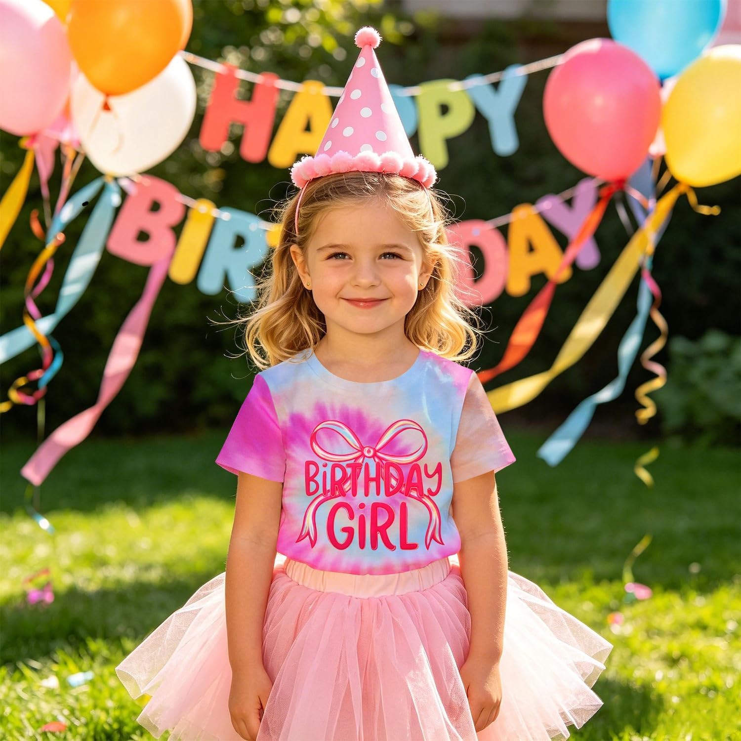 BOUTIKOME Bow Birthday Girl Shirt Toddler Girl Tie Dye T-Shirt 1st 2nd 3rd 4th 5th 6th 7th 8th 9th Kid Bday Party Gift Outfit