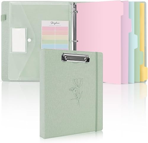 SKYDUE 3 Ring Binder with Clipboard,1 Inch Linen Binder for 3 Hole Punch Letter Size Loose Leaf Paper with 5 Dividers, Pocket and Labels School and Office Supplies-OliveGreen