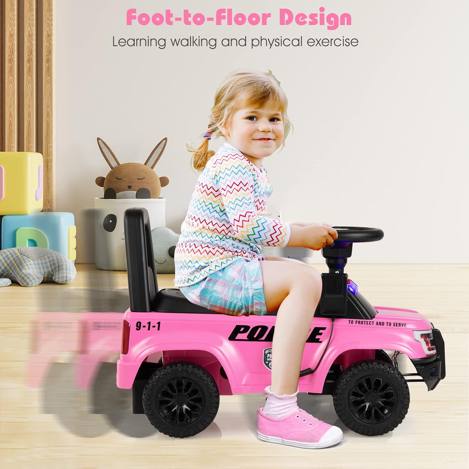 OLAKIDS Ride On Push Police Car, Toddler Foot-to-Floor Sliding Toy with Siren, Steering Wheel, Megaphone, Horn, Headlights, Under Seat Storage, Kids Racer Walking Gift for Boys Girls 1-3 (Pink) - Image 8