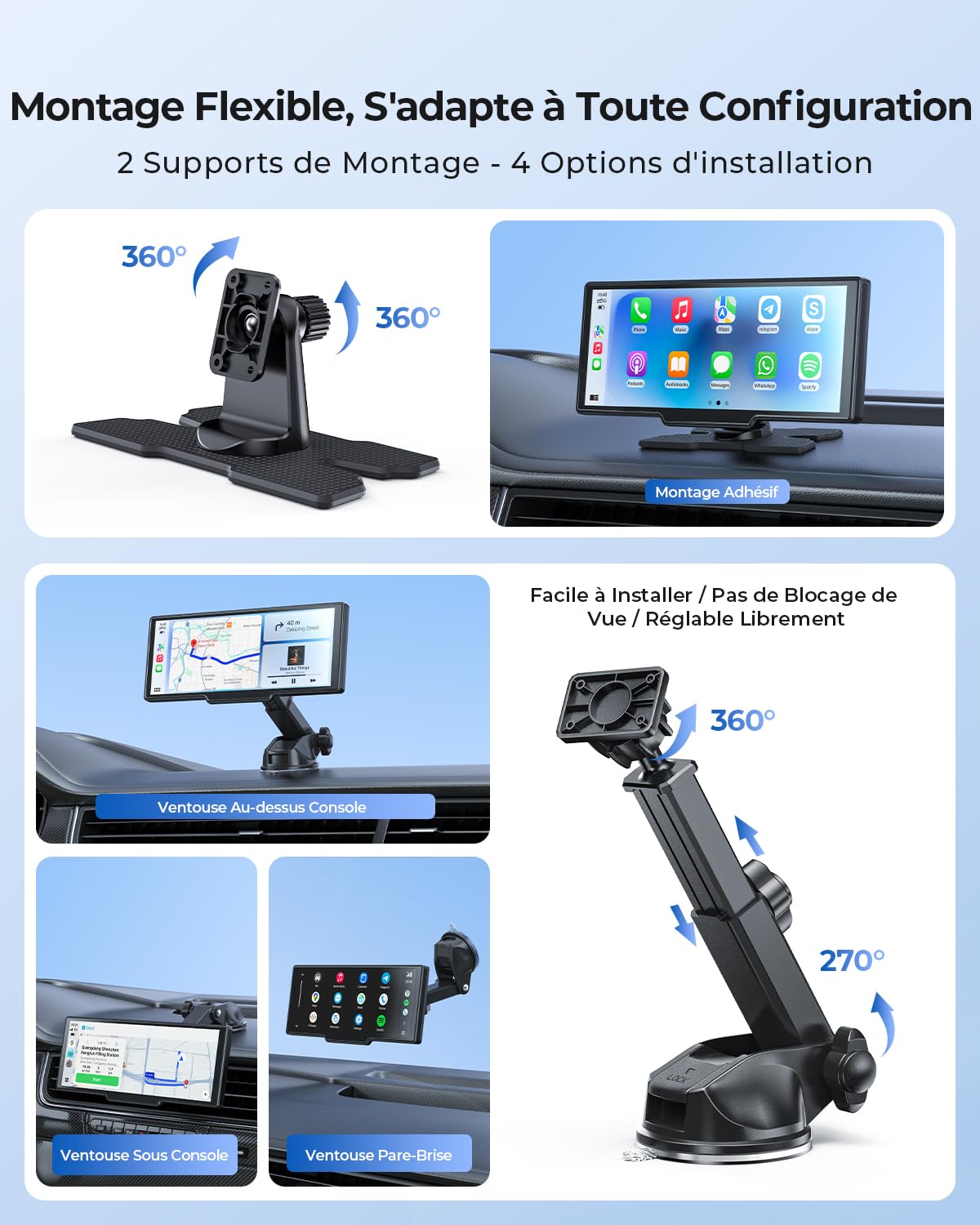 Écran Portable sans Fil 9,26" CarPlay Voiture avec 4K Dashcam & Arrière HD pour Apple Car Play & Android Auto, Mises à Jour OTA, Mirror Link, Bluetooth 5.0, Commande Vocale, GPS, FM