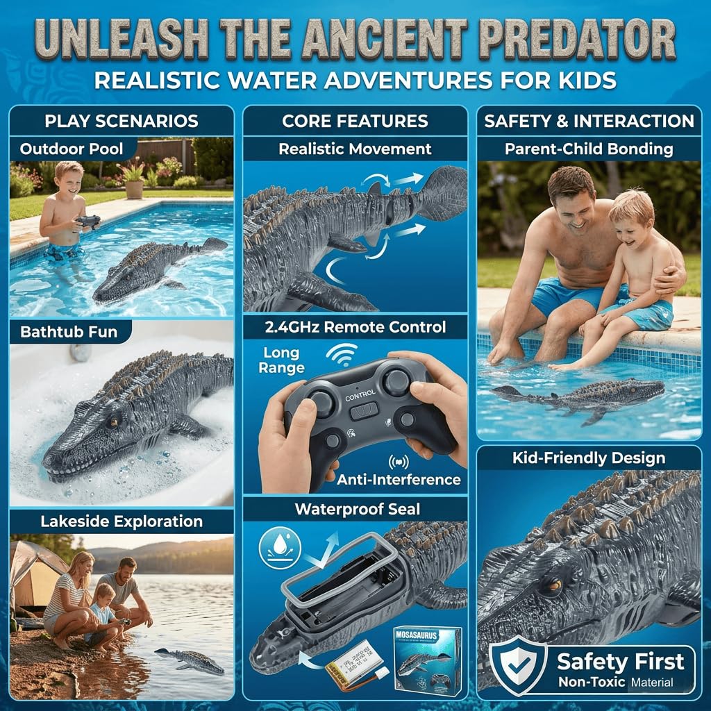 Funmo Bateau Télécommandé Mosasaure 2,4 GHz, Jouet Aquatique Électrique Dinosaure avec Lumière LED et Recharge USB, Cadeau pour Garçons et Filles à Partir de 8 Ans (A)