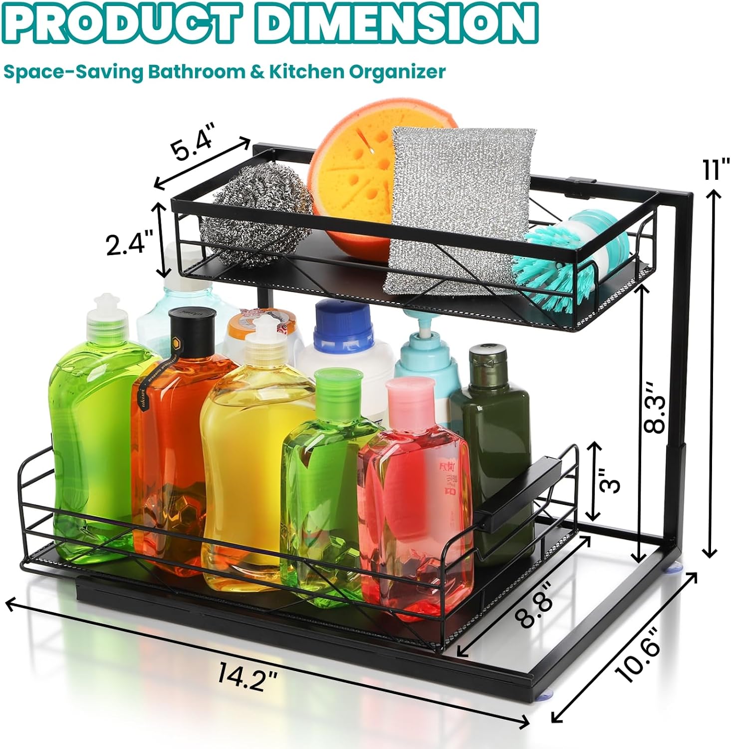 Pull Out Under Sink Organizer, 2 Tier Under Sink Storage with Suction Cups, PVC Mat, Sliding Drawer, Metal Cleaning Supplies Shelf Cabinet Organizer for Kitchen, Laundry, Pantry, Bathroom - Image 2