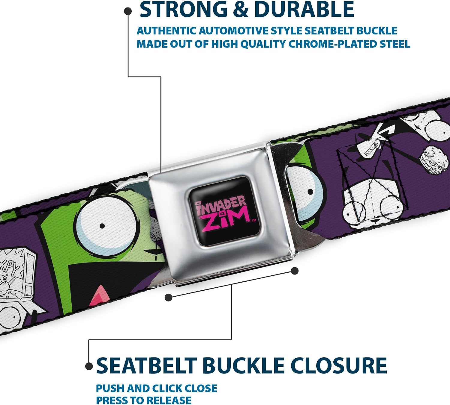 Nickelodeon Belt, Seatbelt Buckle Belt, Invader Zim GIR Poses and Sketch Purple, Adjustable