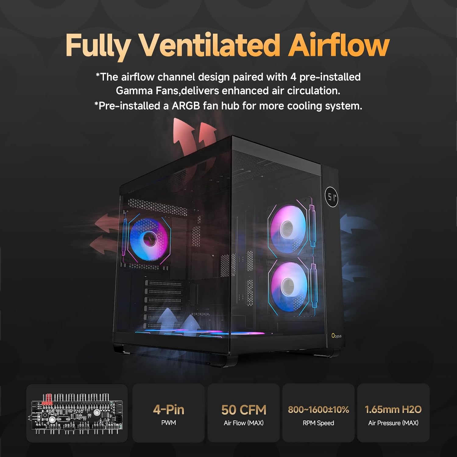 Iota C70 BK ARGB Mid-Tower ATX PC Gaming Case,Pre-Installed 6 ARGB Fans&Hub,Real-Time Temp Display,Backside-Mounted MB,Panoramic View,All-Metal Panel,Quick-Release,Type-C 3.1,for ATX/MATX/ITX/YTX