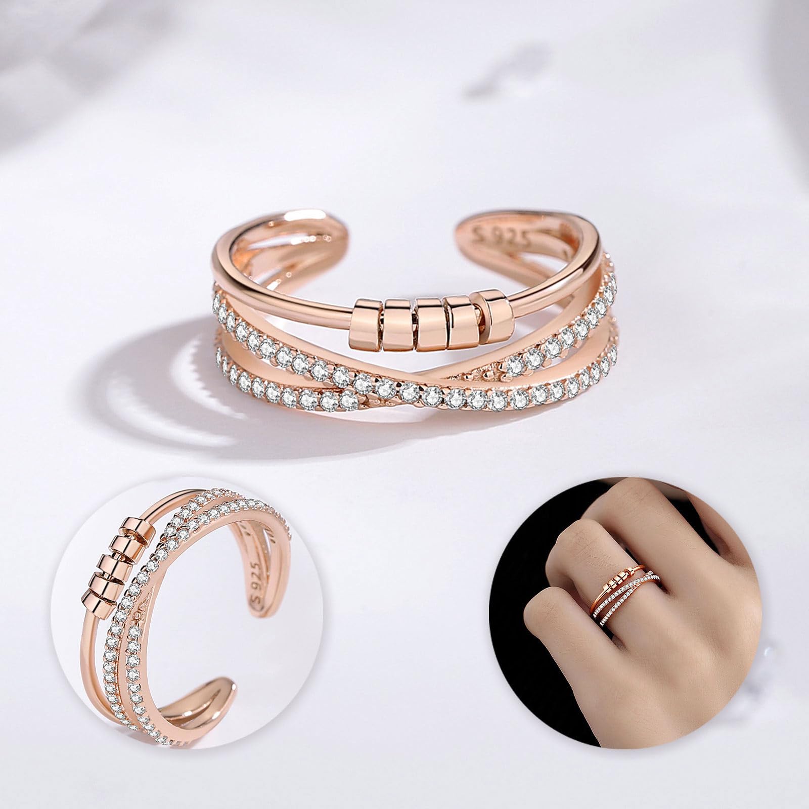 EUDORA Harmony Ball Anello Anti-Stress Anelli in Argento Sterling 925 con Perline Anelli Fidget Regolabili da Donna Anelli Anti Ansia Impilabili Anello per Ragazze Anelli Spinner da Donna