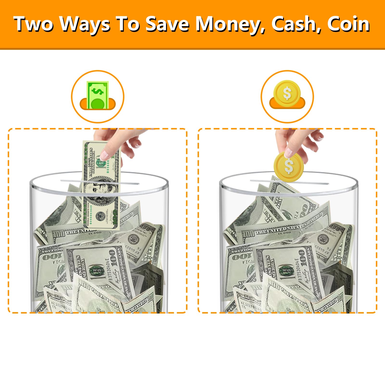 Cargooy Clear Piggy Bank for Adults Kids, Transparent Money Bank for Cash Savings and Coin Savings, Acrylic Clear Box Must be Broken to Open, Birthday Gifts for Kids and Adults (Cylinder)