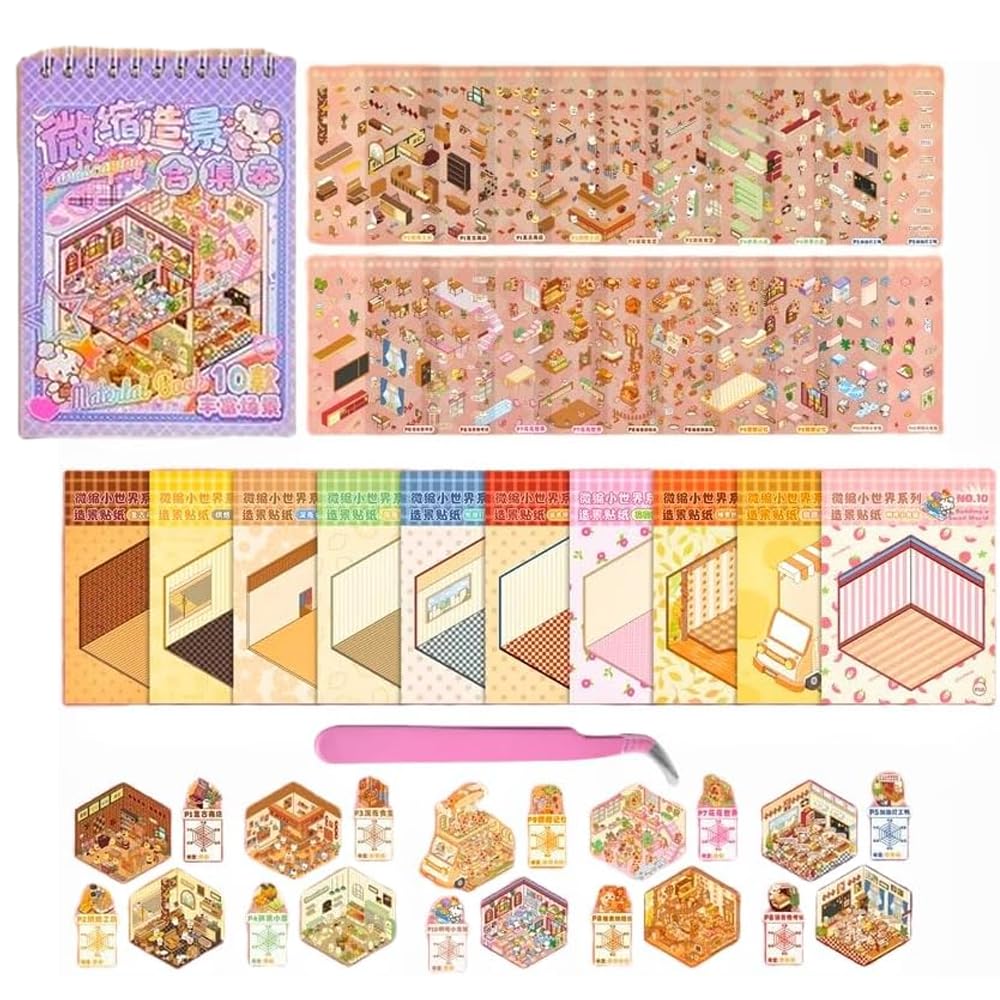 Fun 3D Mini Scene Sticker Book, Cute Art Stickers, Therapy 3D Scenes Book for Adults & Kids, Anxiety Relief & Family Bonding Activities Relief Stress (Purple)