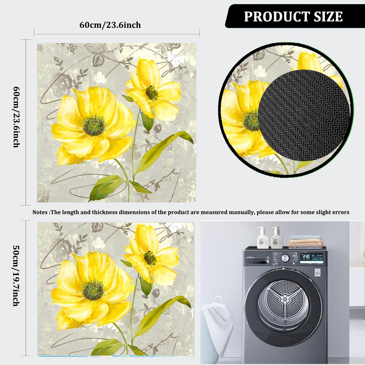 Flowers Washing Machine Dust Cover - Floral Washer Dryer Top Mat, Super Absorbent for Microwave, Refrigerator (Yellow Daisy)