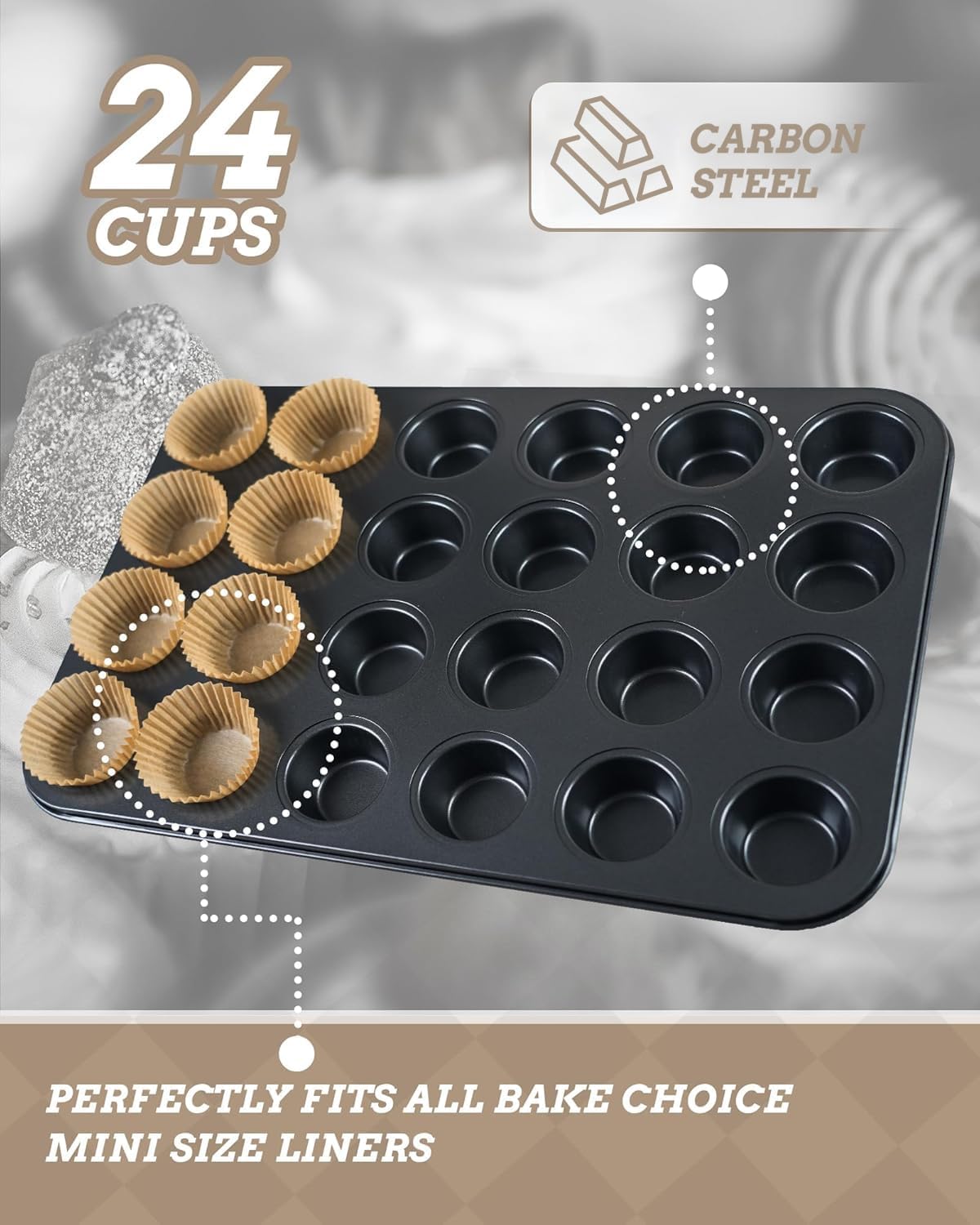 Mini Muffin Pan includes 200 Natural Cupcake Liners, Mini Cupcake Pans Nonstick 24 Cup, Muffin Tin, Carbon Steel Baking Supplies - Image 3