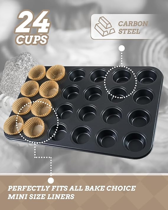 Bake Choice Mini Muffin Trays Includes 200Pcs Mini Cupcake Liners,24 Cup Mini Muffin Tin,Carbon Steel & Non-Stick Muffin Tray,Reusable Cupcake Tray for Party and Baking
