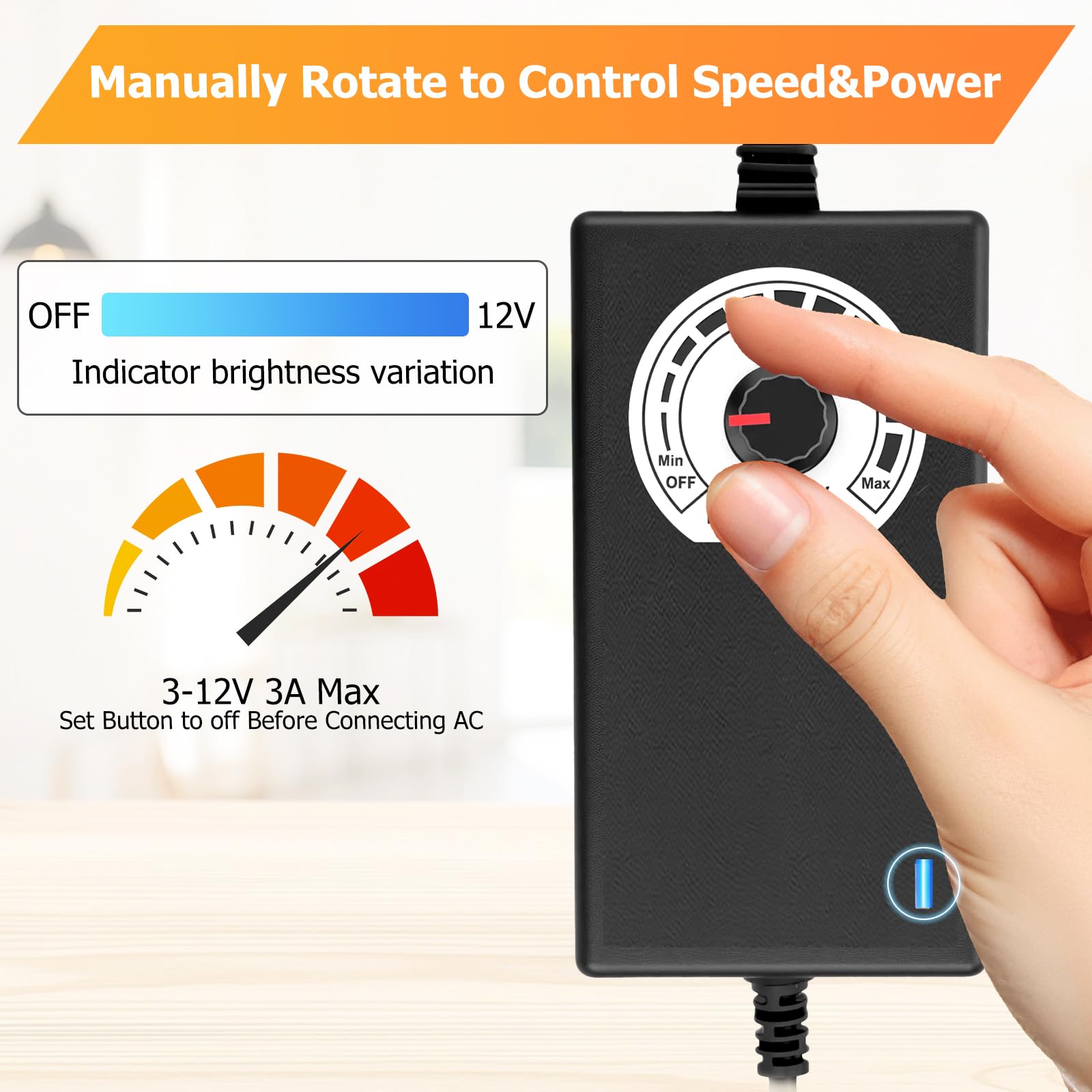 RUIZHI Regolatore di velocità ventola PC e alimentatore 12 V, 100-240 V AC a 3-12 V DC, 24 W, adattatore regolabile con cavo splitter, presa DC a 2 x 3/4 pin
