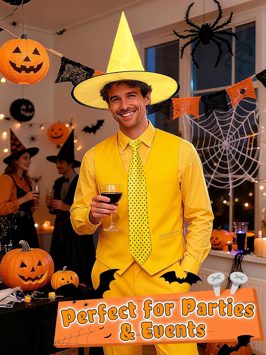 Aulock 2pcs Halloween Man in the Yellow Hat Costume - Yellow Pointed Hat & Polka Dot Tie for Cosplay Party - Image 2