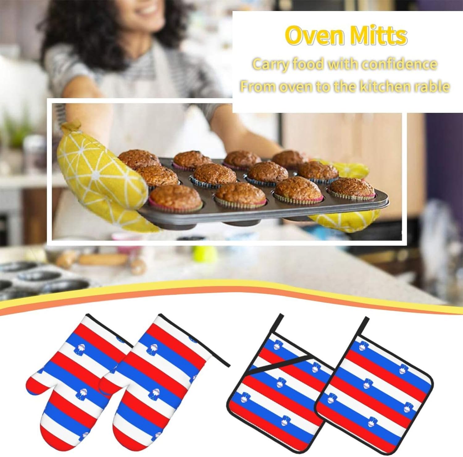 Flag of Slovenia Oven gloves and heat-resistant mat 4-piece set. Suitable for grilling, microwave oven frying, and baking