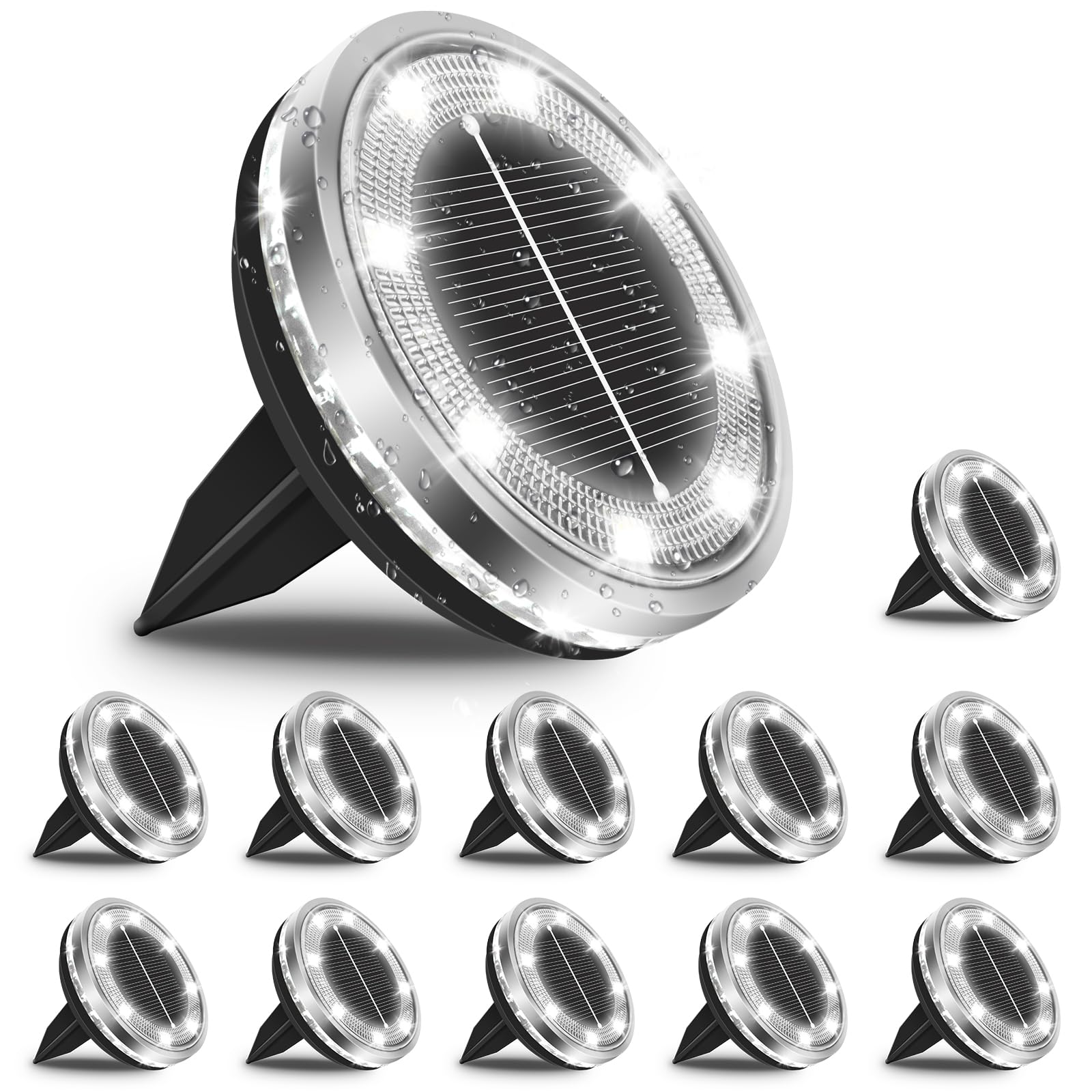 Bowfar 12 Stück Solar Bodenleuchten Aussen, IP65 Wasserdicht Solarlampen 12 LEDs Gartenbeleuchtung Solar Mit Upgrade Solarpanel, Kaltweiß Solarleuchten für Garten, Rasen, Gehweg, Patio, Auffahrt