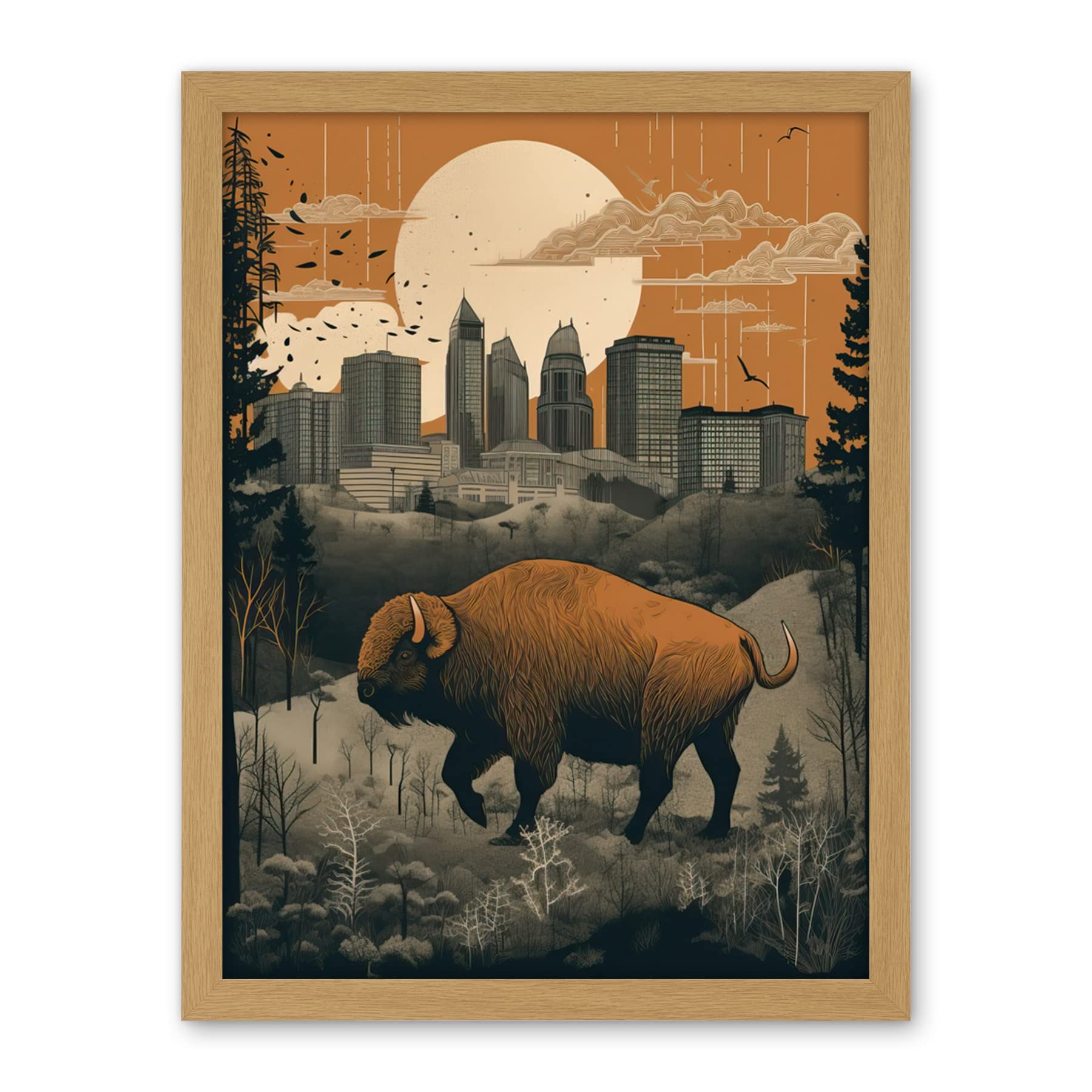 Artery8 Bison in Forest by Urban Cityscape Modern Landscape Artwork Framed Wall Art Print 18X24 Inch