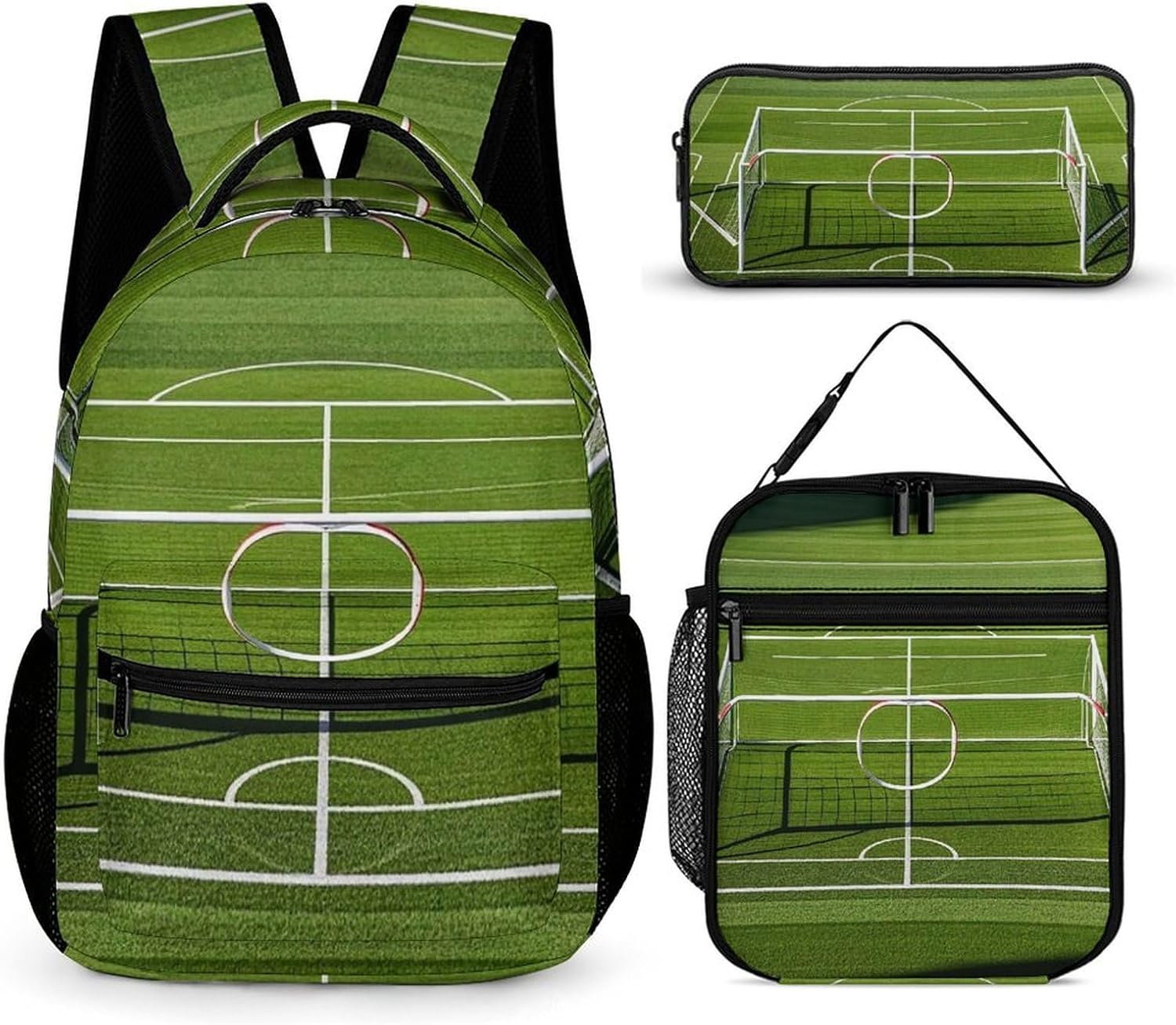 3-in-1 Backpack Set with Lunch Bag & Pencil Case, Football Goal Post Sports Area Backpack with Front Pocket, Insulated Lunch Tote, Large Capacity Pencil Pouch