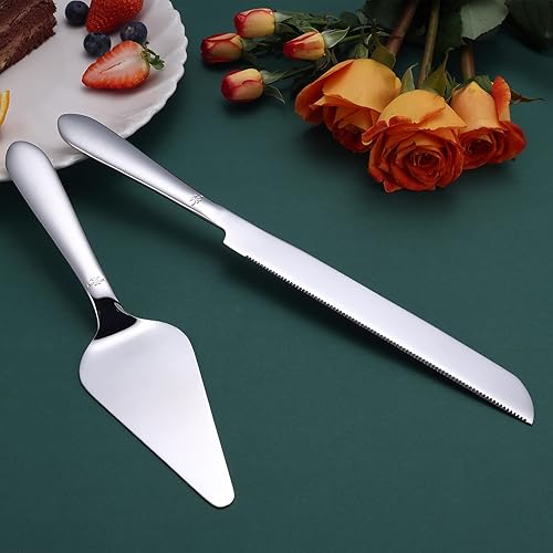 Vista 56 de Juego de cuchillo y servidor para pastel de boda, cortador integral de pastel más largo de acero inoxidable y espátula de pastel más ancha, elegante