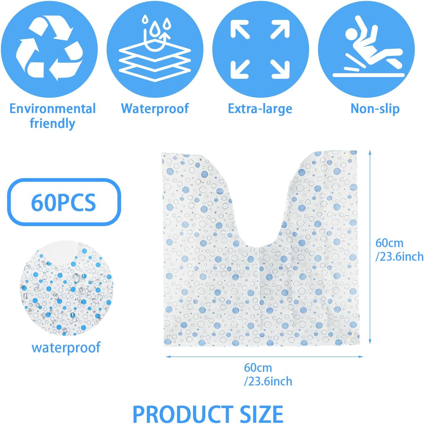 60 Pack Disposable Toilet Commode Mat,Non-Slip Waterproof U-Shape Commode Pads for Adult Incontinence & Kids Potty Training,Bathroom Floor Protector (Blue Dot)