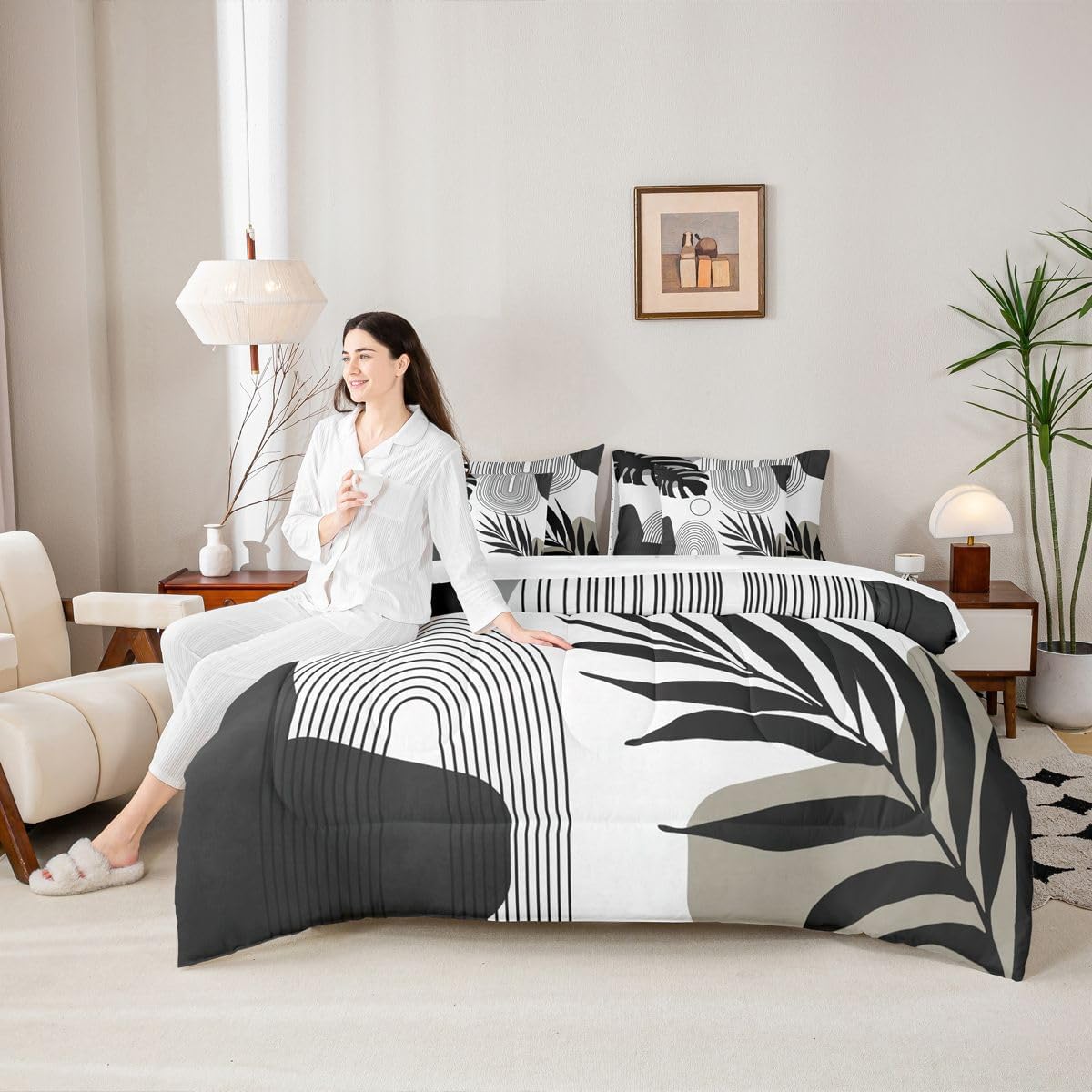 Erosebridal Boho Black White Queen Comforter Set with Sheets, Mid Century Abstract Tropical Palm Leaf 7 Pcs Bedding Set, Modern Minimalist Botanical Bed in A Bag, Bohemian Geometric Lines Bed Sets