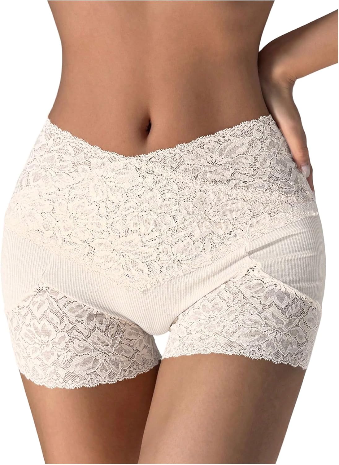 OYOANGLE Women's Floral Lace Mesh Boyshorts Panties V Waist Breathable Stretchy Shapewear Underwear
