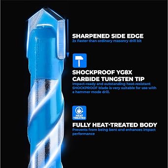 toolant 1/2 Concrete Drill Bit Set & Masonry Drill Bit Set, Shockproof Hex Shank Hammer Drill Bit Set for Glass/Brick/Plastic/Cement/Tile, Industrial Strength Carbide Drill Bit Tip 1/2 Box of 5