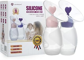 Amplim 2-Pack Manual Breast Pump for Breastfeeding | Food Grade Silicone Milk Collector with 2 Leak-Proof Stoppers | Enhance Milk Production | BPA Free FSA HSA Eligible – 4oz Blue