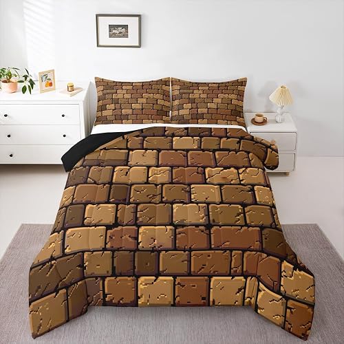 Castle Fairy Miner Square Comforter Set Queen Size,Pixelated Theme Bedding Set 3