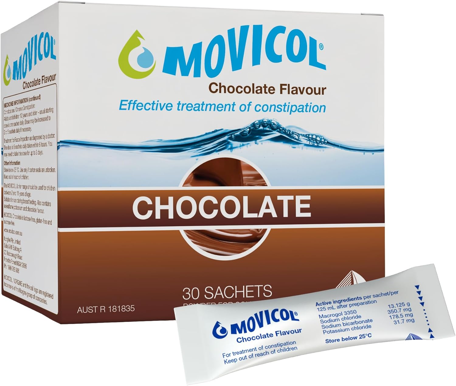 Movicol Sachets for Relieve of Constipation to Restore Comfortable Bowel Movements - Chocolate Flavor - 30 Sachets