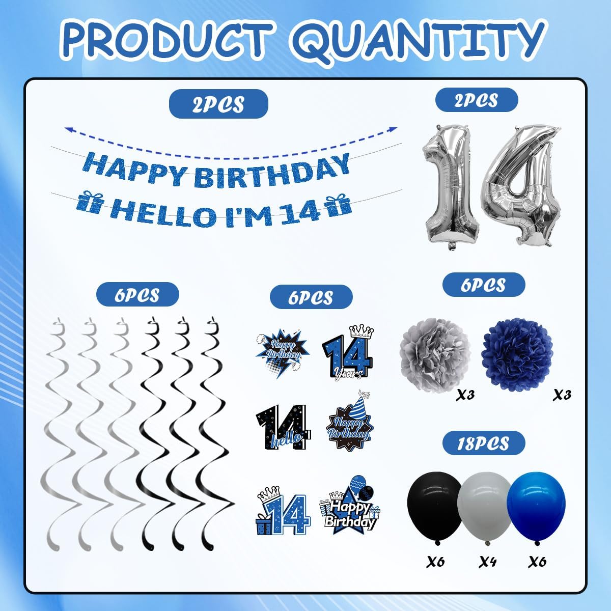 14th Birthday Decorations for Boys Girls 37PCS Blue Black Bruh I'm 14 Happy 14th Party Decorations Backdrop, Banner, Hanging Swirls, Pompoms, Balloons, Cheers to 14 Years Fourteen Bday Party Supplies