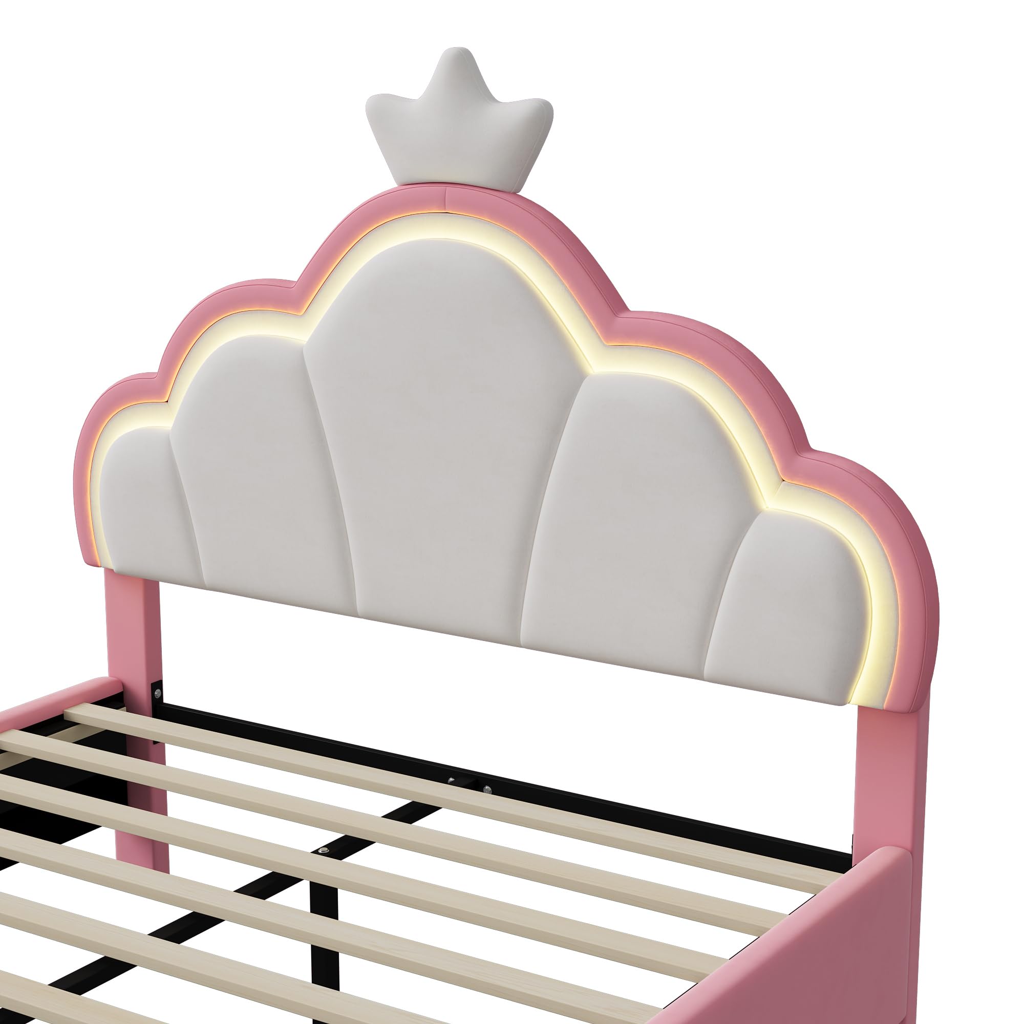 Lit Double Enfant 140x200 cm, Lit Fille Princesse avec LED, Tête de lit Réglable en Forme de Couronne,Cadre de lit Rembourré avec Sommier à Lattes,pour Enfants & Adultes (Rose, 140x200cm)