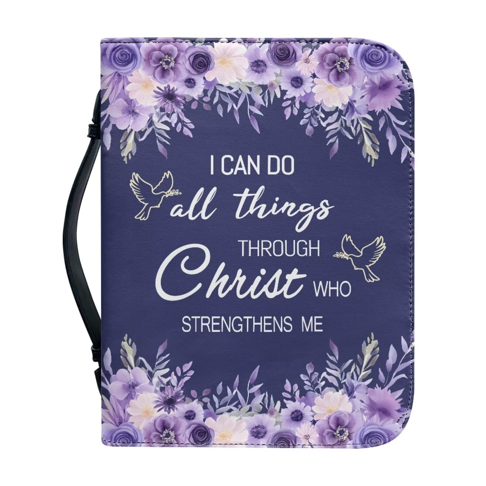 Dellukee Bible Cover for Women Men Leather Book Carrying Bag Large Size Bible Accessories Purple White Flowers Dove Print