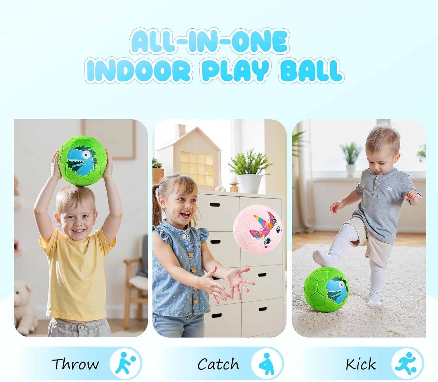 Soft Ball for Toddlers & Babies - Small, Safe & Easy-to-Grip Kickball, Dinosaur & Unicorn Design Soccer Ball - Great First Birthday Gift for Boys & Girls, Plush Indoor Soccer Toy for Ages 1-3 3-8