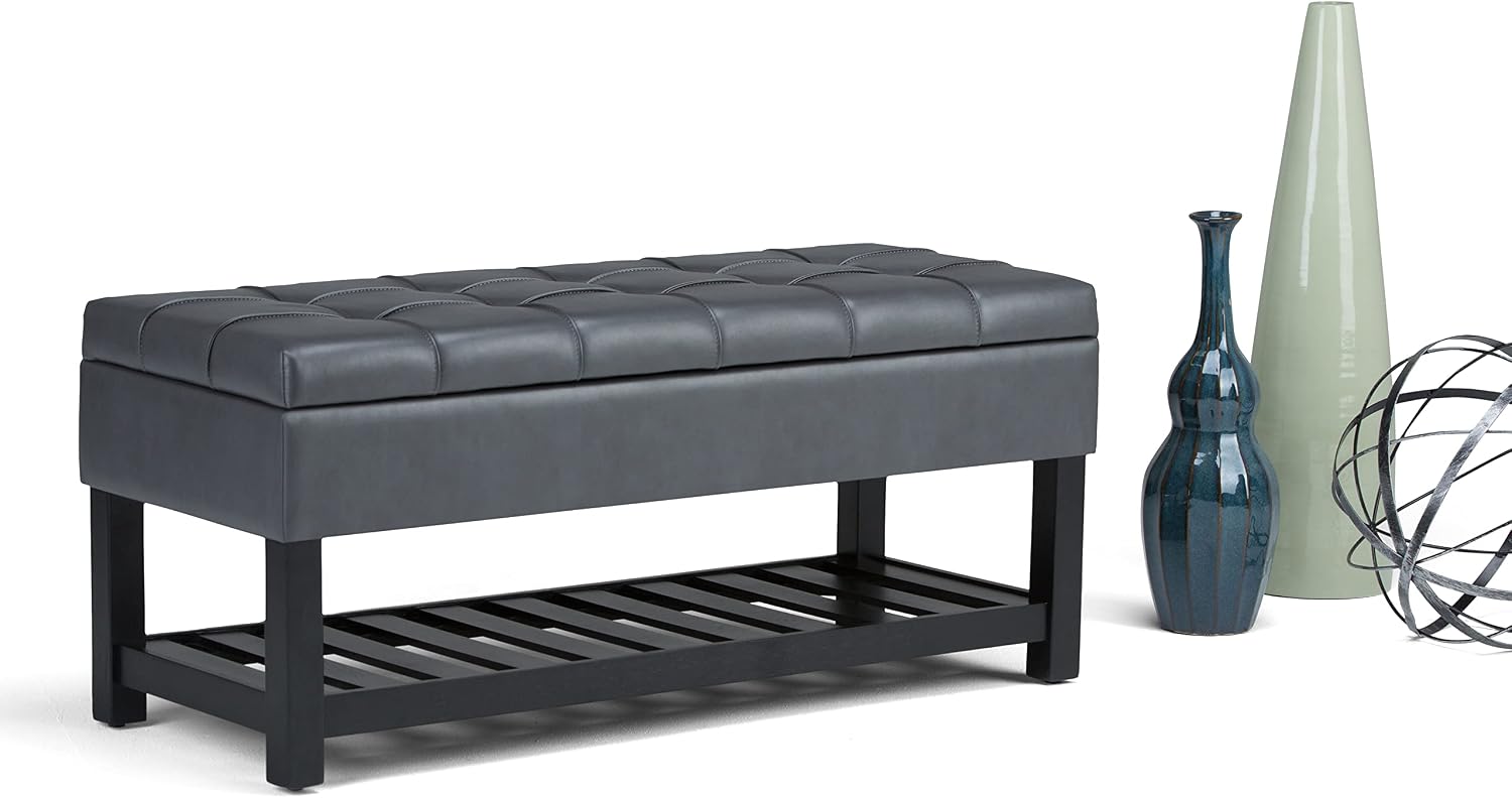 SIMPLIHOME Saxon Storage Ottoman Bench - 43 inch Wide Upholstered Vegan Leather Rectangle Storage Ottoman in Stone Grey, Transitional Bench for Bedroom with Tufted Lift-Top and Open Bottom Shelf