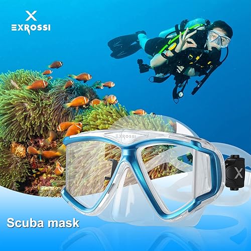 Miniatura 5 de Máscara de buceo panorámica de 4 lentes, máscara de buceo de vidrio templado con cubierta para la nariz, equipo de gafas de esnórquel antiniebla,