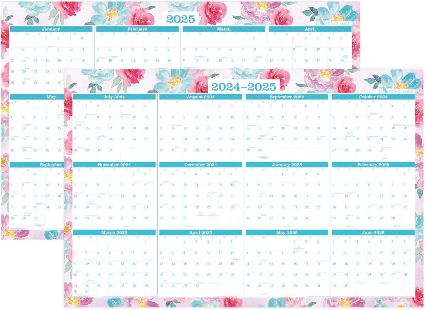 AT-A-GLANCE 2024-2025 Erasable Wall Calendar Planner, 24" x 36", Large, Academic & Regular Year, Dry Erase, Reversible, Vertical/Horizontal, Badge Floral (1710F-550SB)