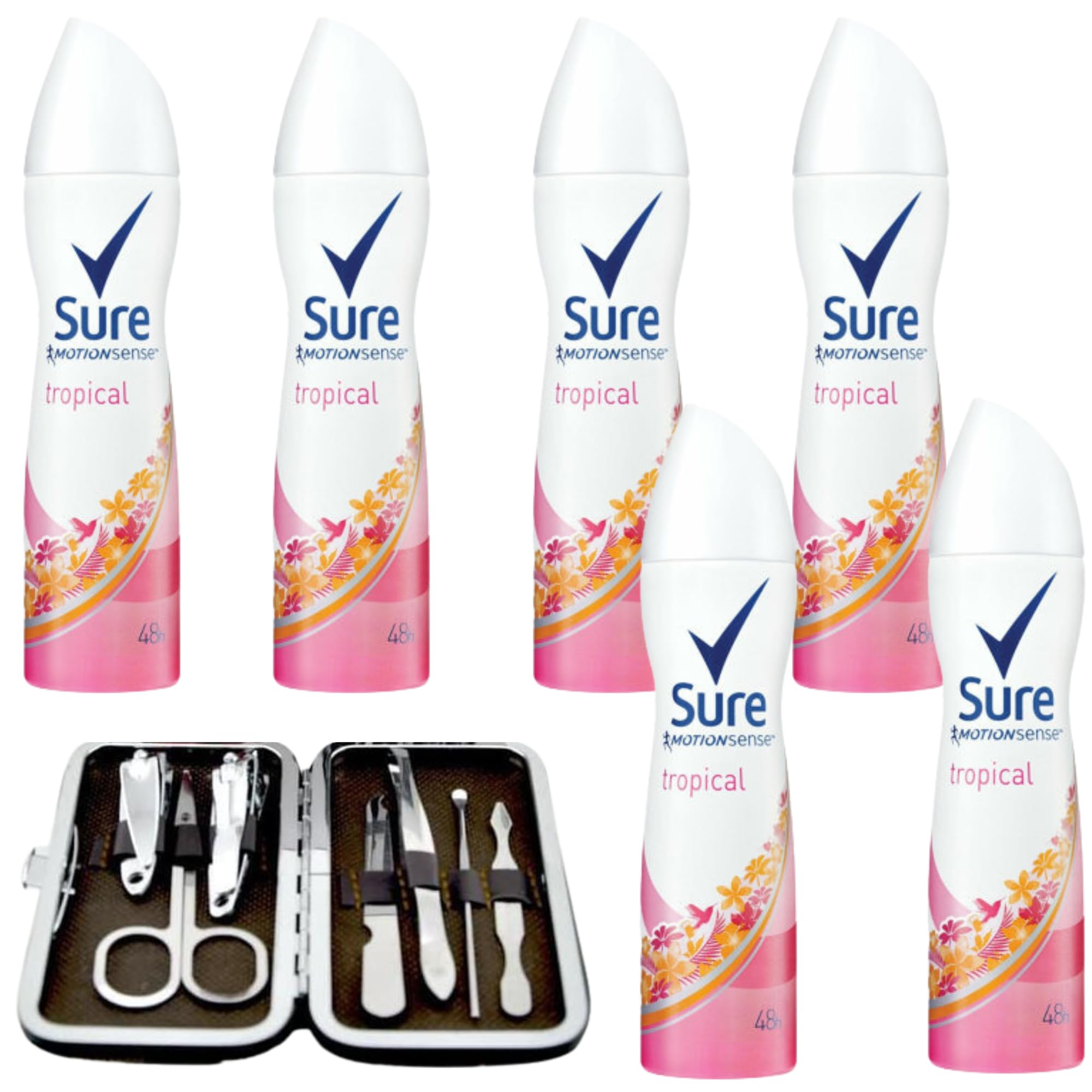 6x Sure Women Motion Sense 48Hours Spray Anti Perspirant Deodorant For Women Tropical 150ml & Also Deodorant For Men & JOLAFUNBS Nail Kit