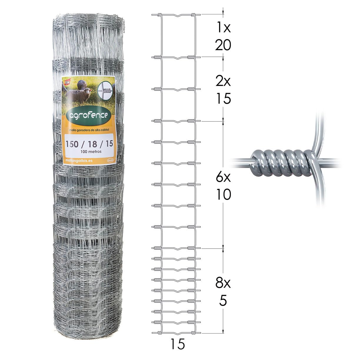 Malla Anudada Agrofence 150/18/15 | Rollo de: 100m | Color: Gris | Diámetro: 2.4mm