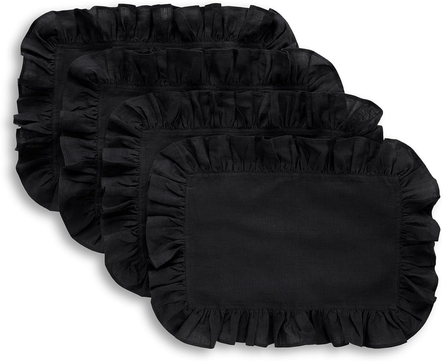 Solino Home Linen Placemats Set of 4-100% Pure Linen Black Placemats 14 x 19 Inch - Gabrielle Ruffle, Handcrafted and Machine Washable