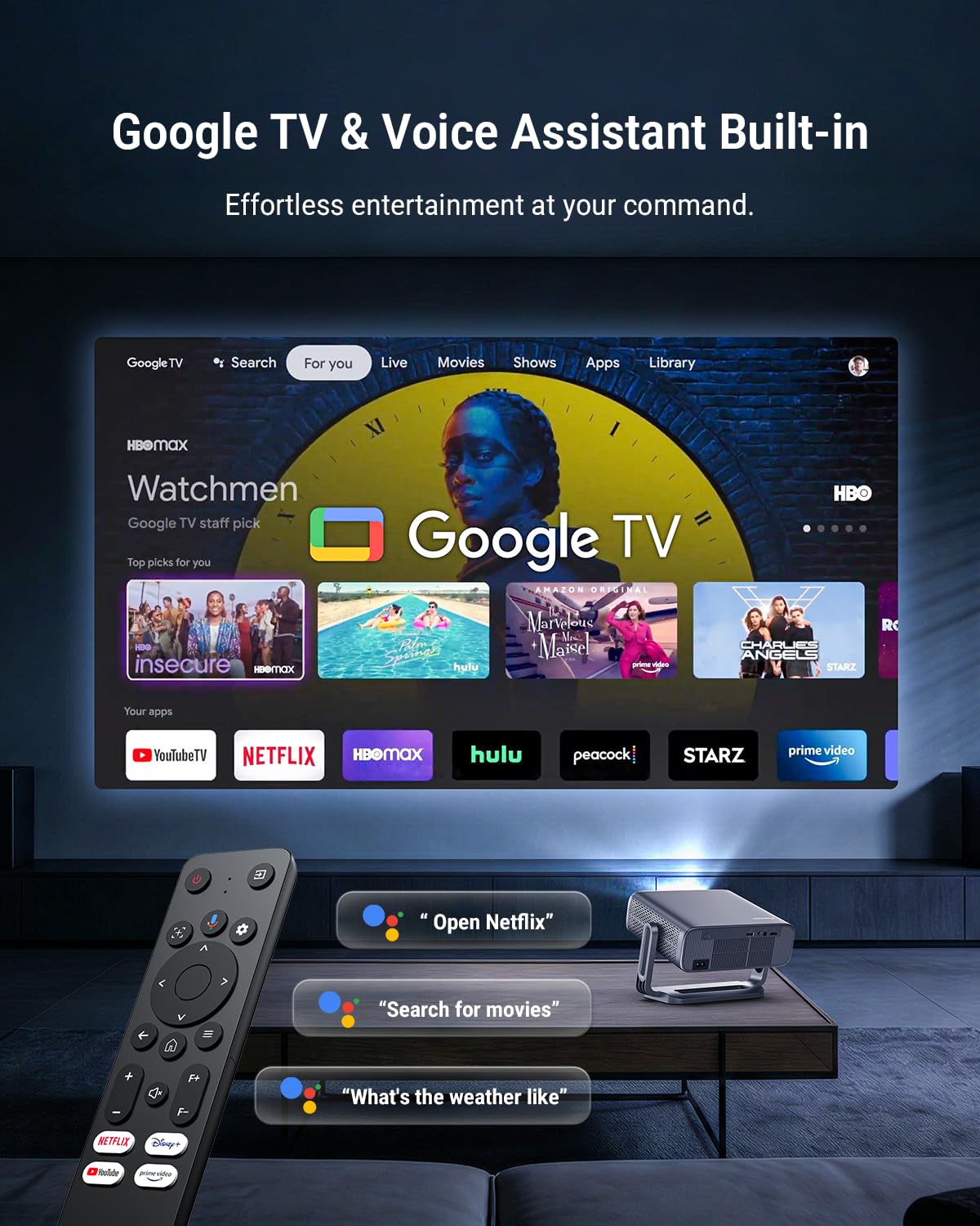 The Pemoon Smart Projector integrates Google TV and a bright 2500 ANSI lumen lamp for a versatile home entertainment experience.