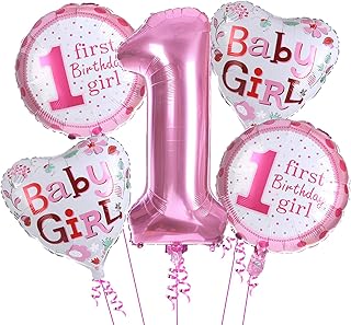 AMFIN 1st Birthday Decoration for Baby Girl First Birthday Decorations Girl Foil Balloons Pack of 5 - Pink