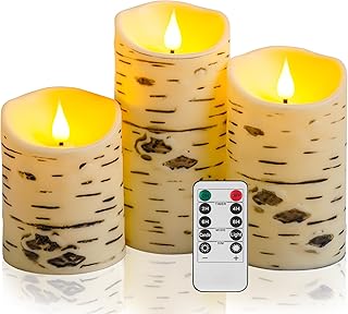 Flameless Birch Bark Candles Flashing Battery Operated Candles LED Pillar Candles with Remote Control and Timer Set of 3