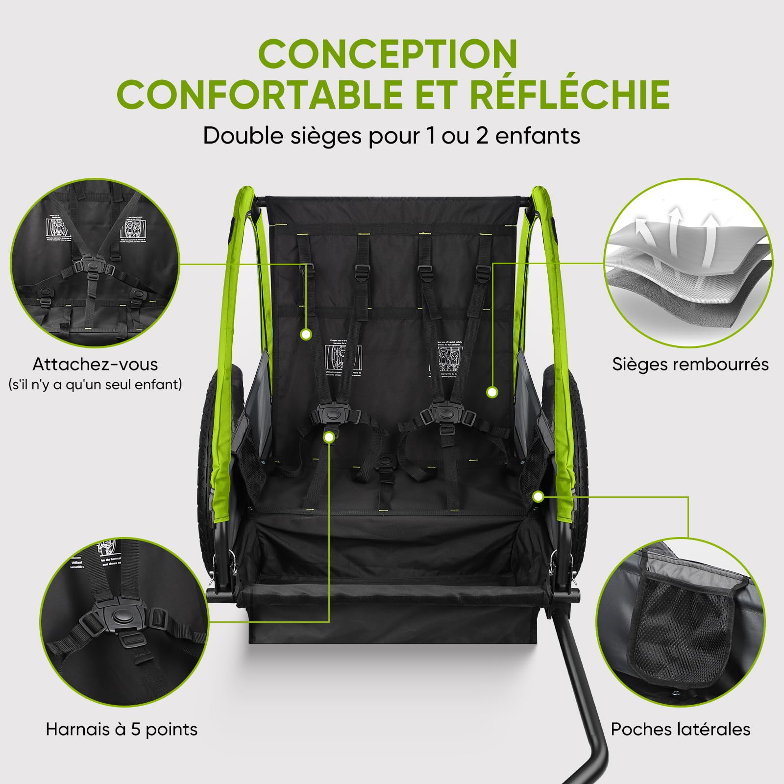 SEPNINE Remorque pour Enfant, 2 Places, véhicule Tout-Terrain pour Enfant, Ceinture de sécurité intégrée, Pliable avec Frein à Main, pour 1 à 2 Enfants de 40 kg Maximum
